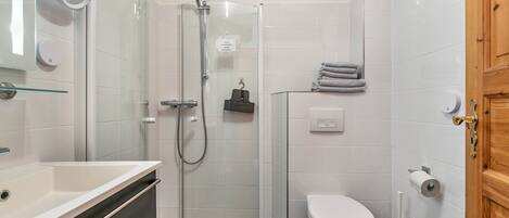 A modern bathroom with a glass-enclosed shower, a white toilet, and a sink with a mirror.
