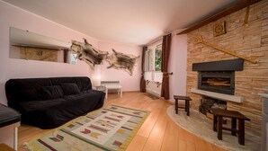 A living room with a black sofa, a patterned rug, a stone fireplace, and a large animal hide on the wall. - Magnificent 4-pers studio with fireplace (Allos)