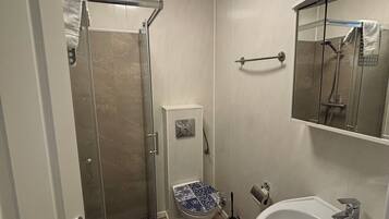 Un baño con cabina de ducha de vidrio, inodoro con asiento estampado azul y lavabo blanco con espejo superior.