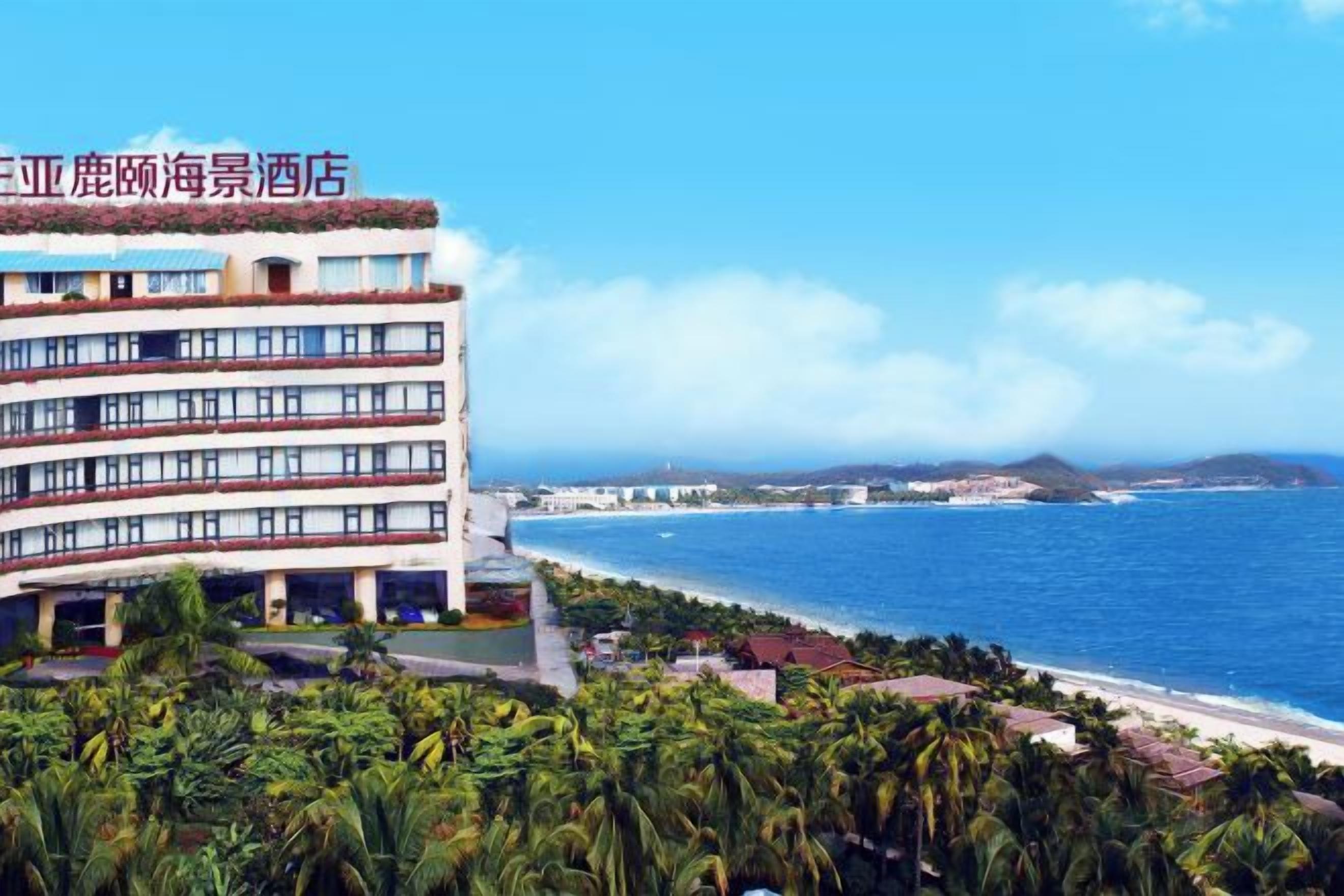A hotel with multiple floors, a view of the ocean, and a tropical landscape with palm trees.