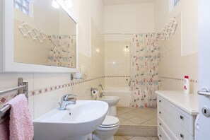 Hair dryer, bidet, towels, toilet paper