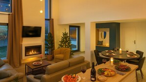 Ein modernes Wohnzimmer mit Kamin, einem Essbereich mit gedecktem Tisch und einem Weihnachtsbaum.