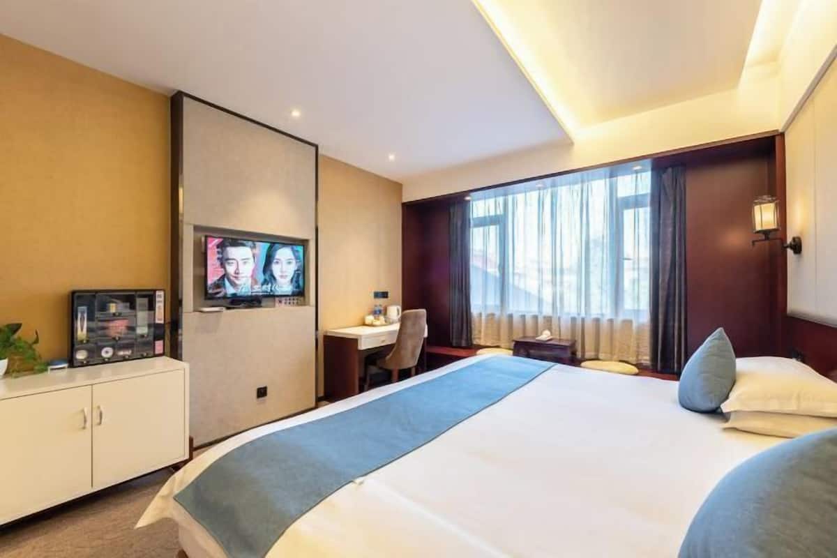 Una habitación de hotel con una cama, un escritorio, un televisor y un armario.