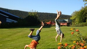 Dos niños haciendo paradas de manos sobre un campo cubierto de hierba, con una colina boscosa al fondo.