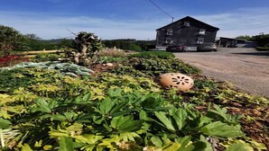 Un edificio rústico con un camino de tierra y coches aparcados.