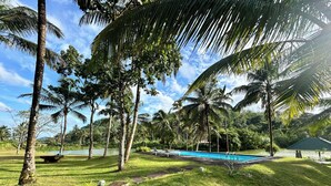 Un espace piscine offrant une vue dégagée sur l’eau, entouré d’une végétation luxuriante et de palmiers.