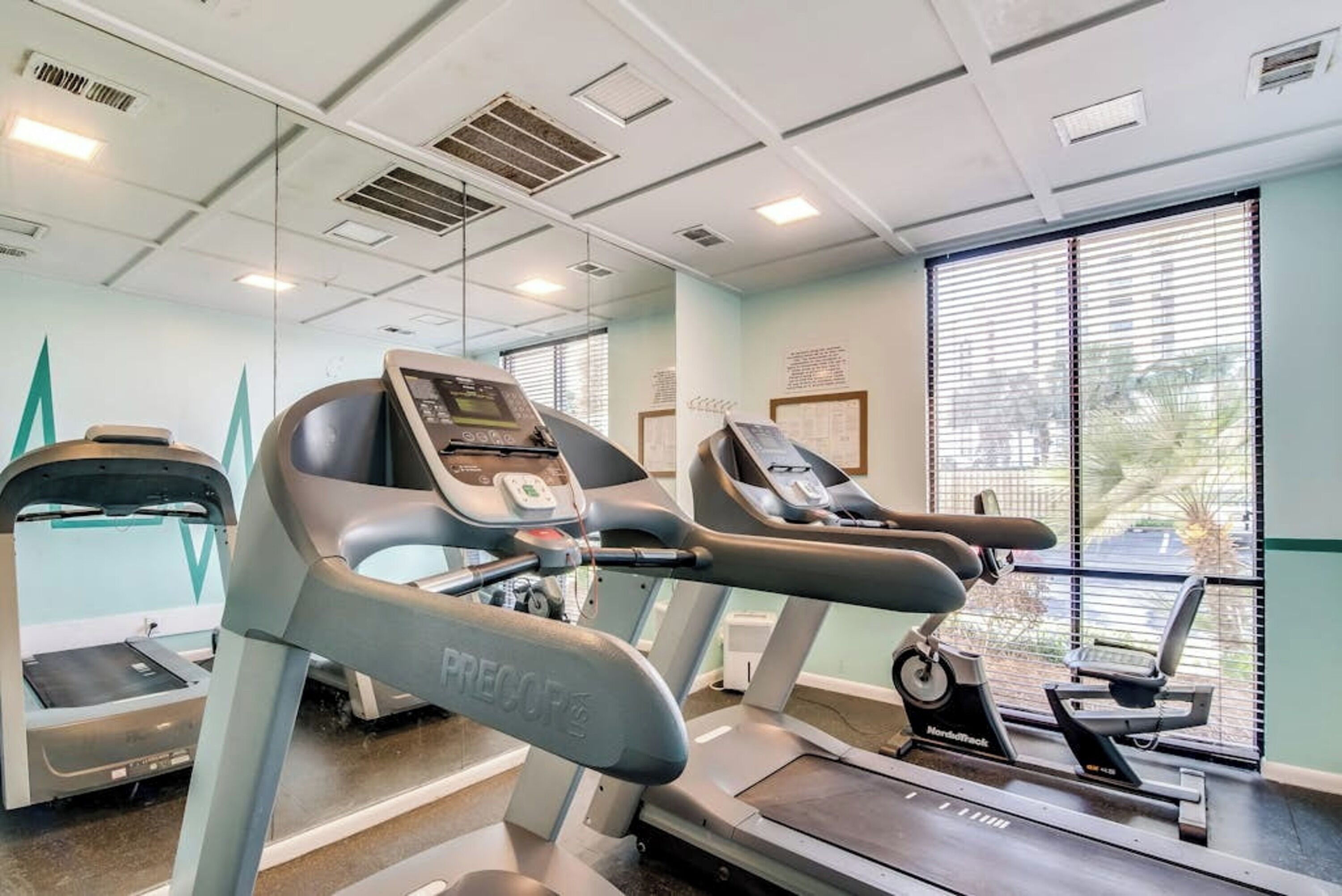 Un gimnasio con cintas de correr y una bicicleta estática, ventanas amplias y un espejo grande.