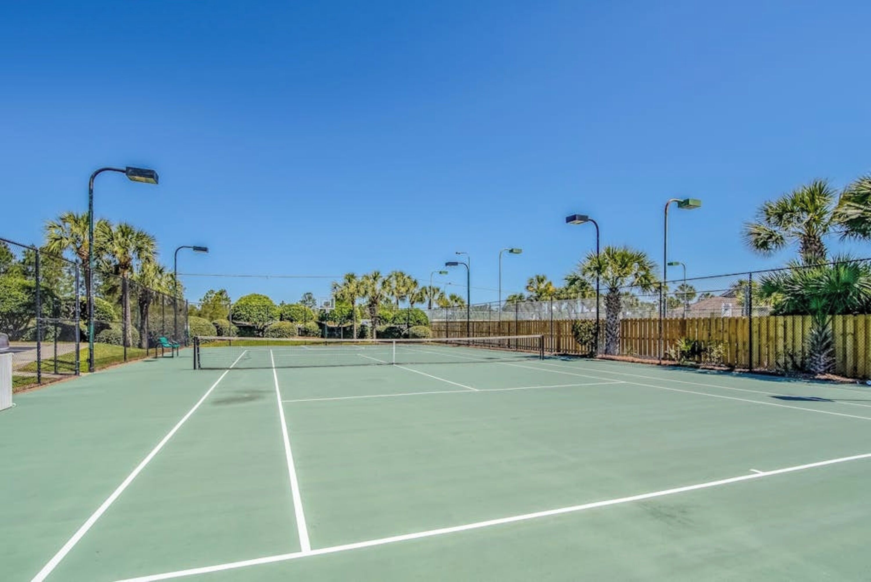 Una cancha de tenis al aire libre con una red, rodeada de palmeras y farolas.