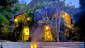 A rustic house with a stone facade, ivy-covered walls, and a lit fire pit in the foreground. - Pumba Safari Cottages (Kichwamba)