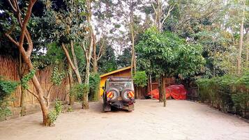 Un jeep estacionado en un patio empedrado rodeado de árboles y una cerca de bambú.
