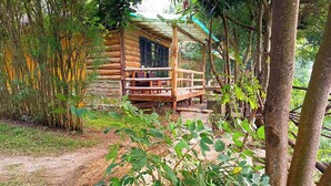 A rustic wooden cabin with a porch, surrounded by dense bamboo and trees. - Pumba Safari Cottages (Kichwamba)
