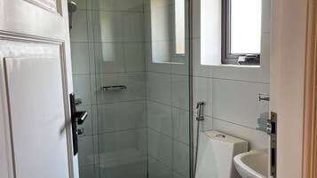 Shower, jetted tub, hair dryer, bidet