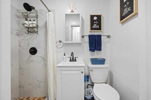 A bathroom with a shower, sink, toilet, and a framed picture on the wall.