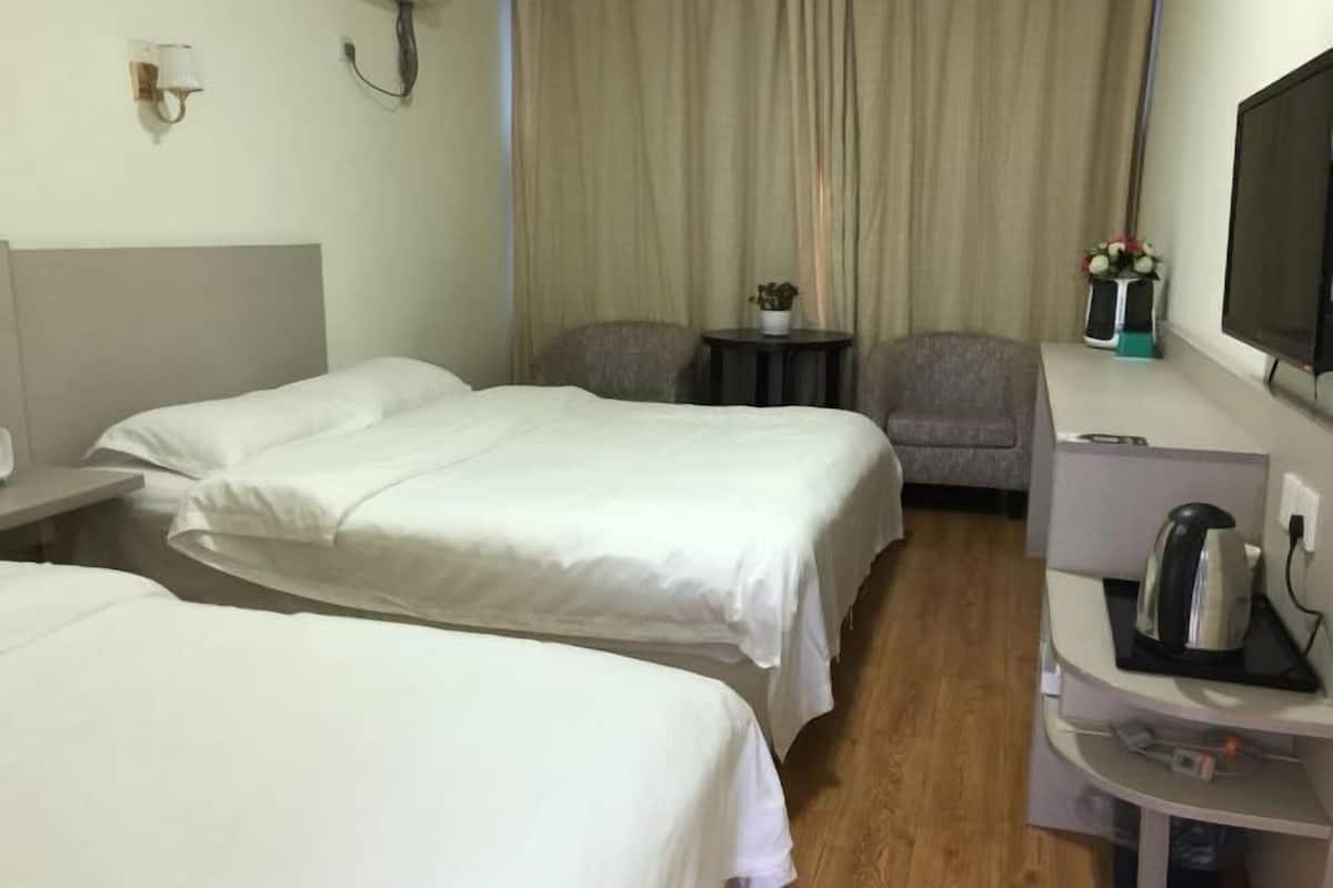 A hotel room with two beds, a small table with a plant, a chair, a TV, and a kettle on a side table.