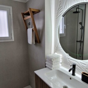 Hair dryer, bidet, towels, soap