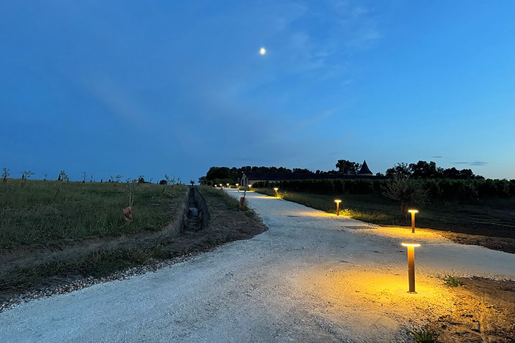 Un chemin de gravier, bordé de lampadaires régulièrement espacés, mène à un bâtiment situé au loin, sous un ciel nocturne dégagé.