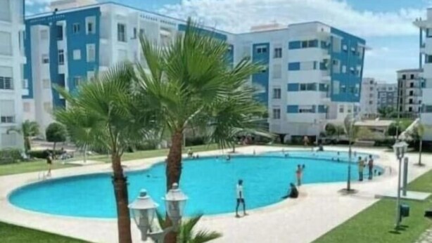 Una piscina envoltada de palmeres i edificis moderns.