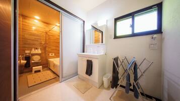 Hair dryer, towels, soap, shampoo