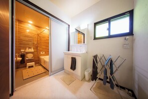 Hair dryer, towels, soap, shampoo