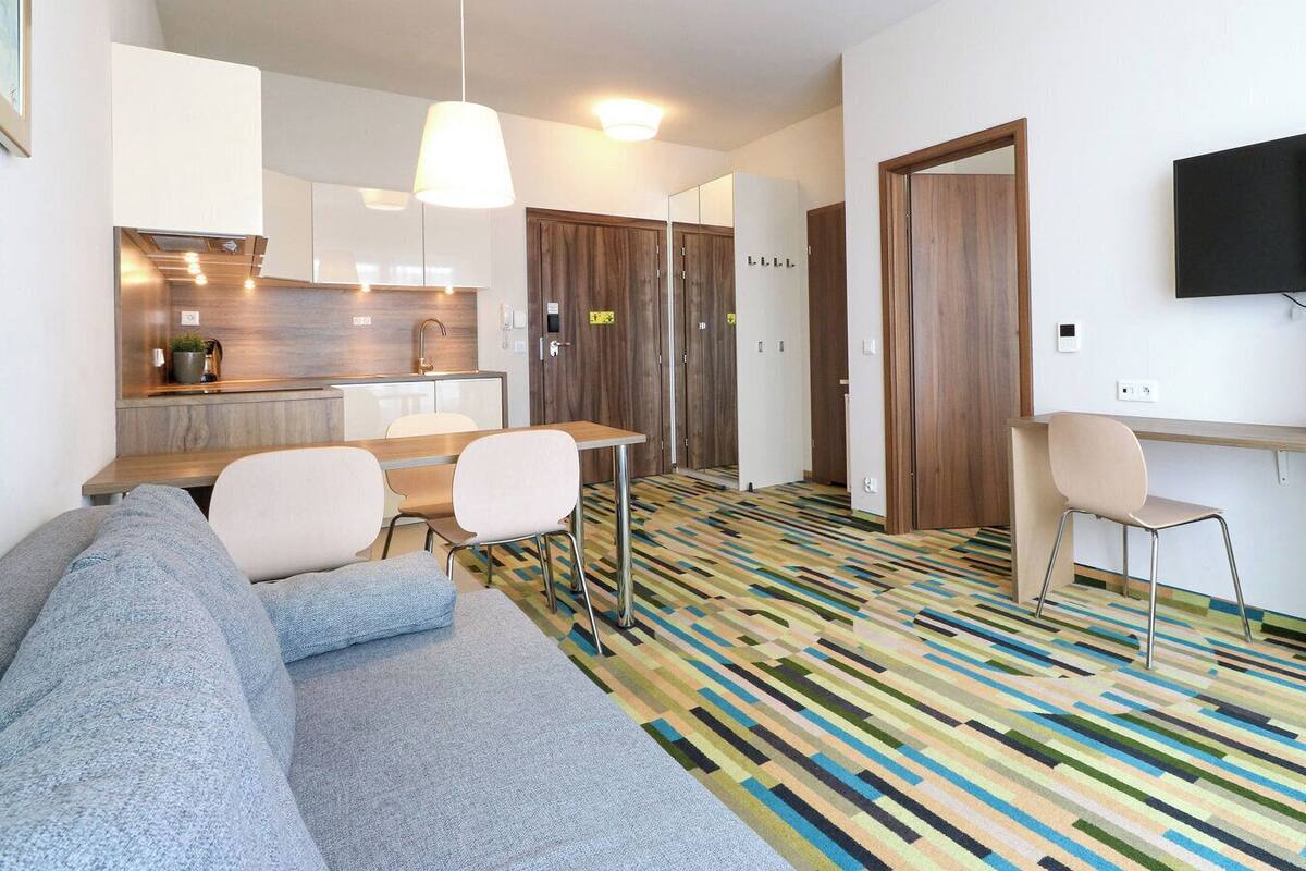 Habitación de hotel moderna con sofá, una mesita, televisor, zona de cocina y alfombra estampada.