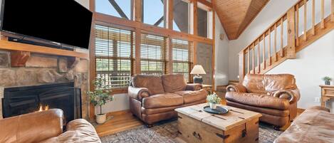 Televisión, chimenea, libros y oficina