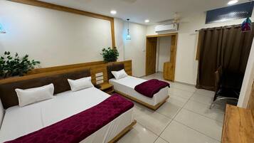 Habitación de hotel con dos camas, ventilador de techo, equipo de aire acondicionado, una planta en maceta y vistas al exterior a través de una ventana.