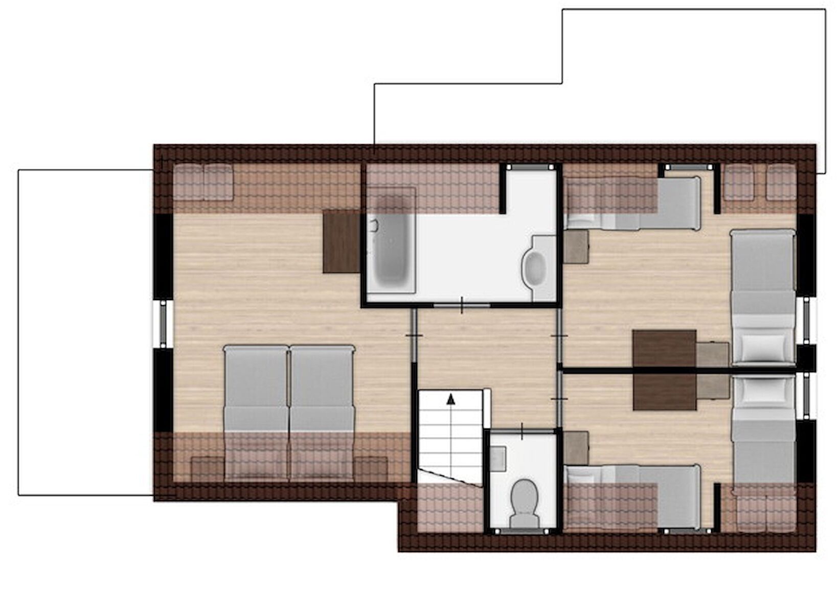 A floor plan of a hotel room with a bathroom, a kitchenette, a seating area, and a small private space.