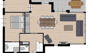 Een plattegrond van een hotelkamer met een kitchenette, een eethoek, een zithoek met een bank en een badkamer.