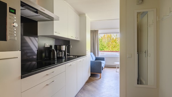 Fridge, stovetop, dishwasher, electric kettle