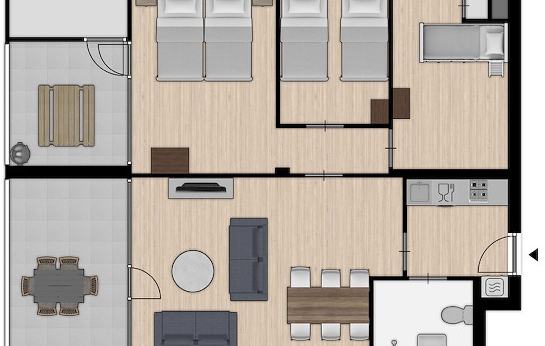 A hotel room layout with a bed, bedside table, and a small seating area.