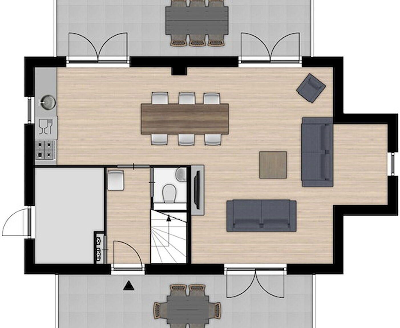 Plano de una habitación de hotel que incluye comedor, sofá, una mesita, baño y kitchenette.