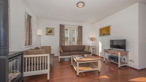 A cozy living room with a sofa, a coffee table, a TV, and a fireplace. - Detached villa for 6 persons with sauna (Hageweg 'T Centrum)