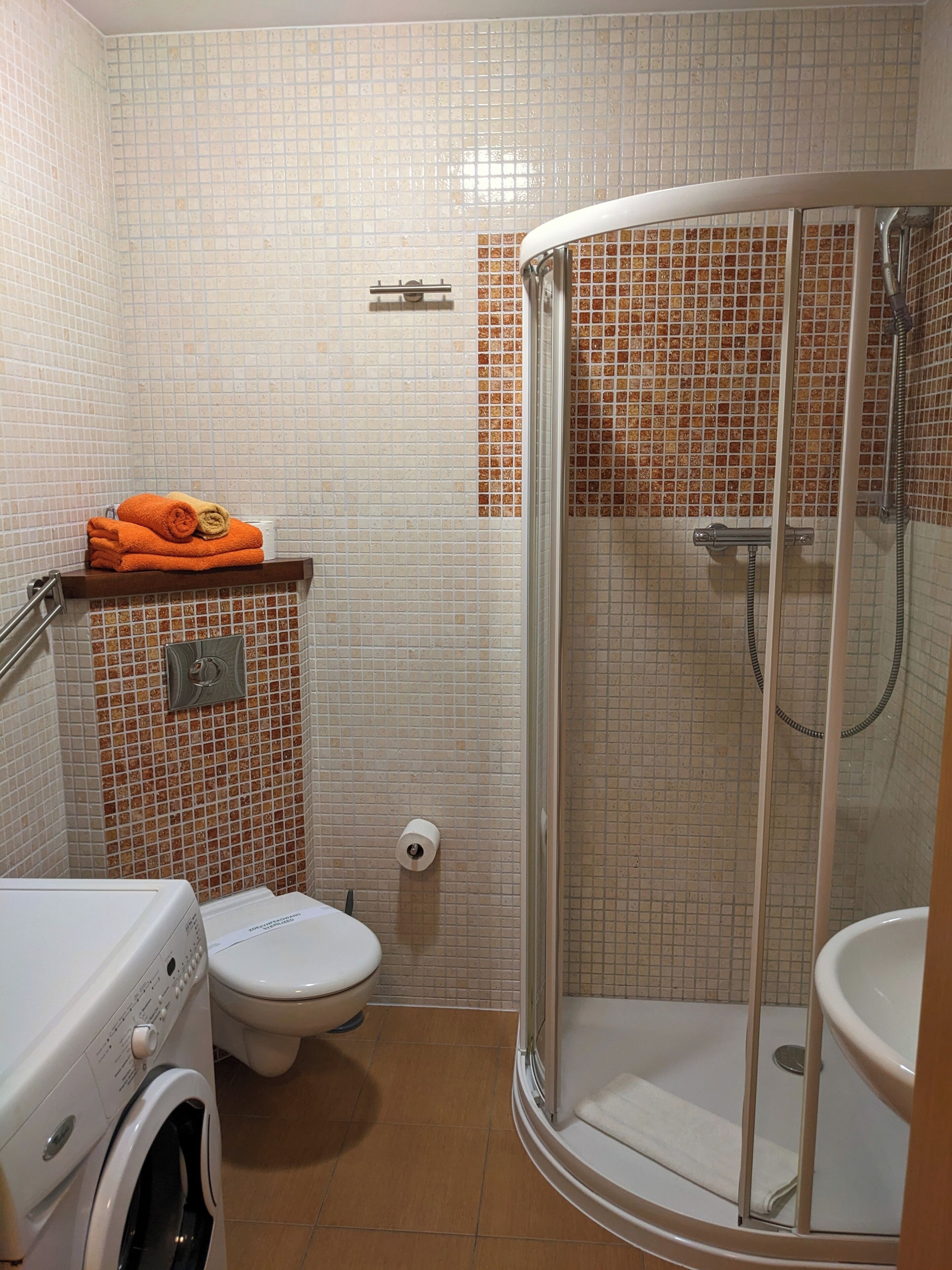 A bathroom with a shower, toilet, and washing machine.