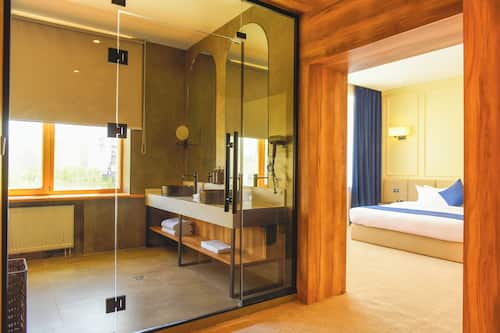 Deluxe Suite, 1 Queen Bed | Bathroom | Shower, rainfall showerhead, free toiletries, hair dryer