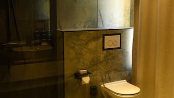 A modern bathroom with a glass-enclosed shower, a toilet, and a trash bin.