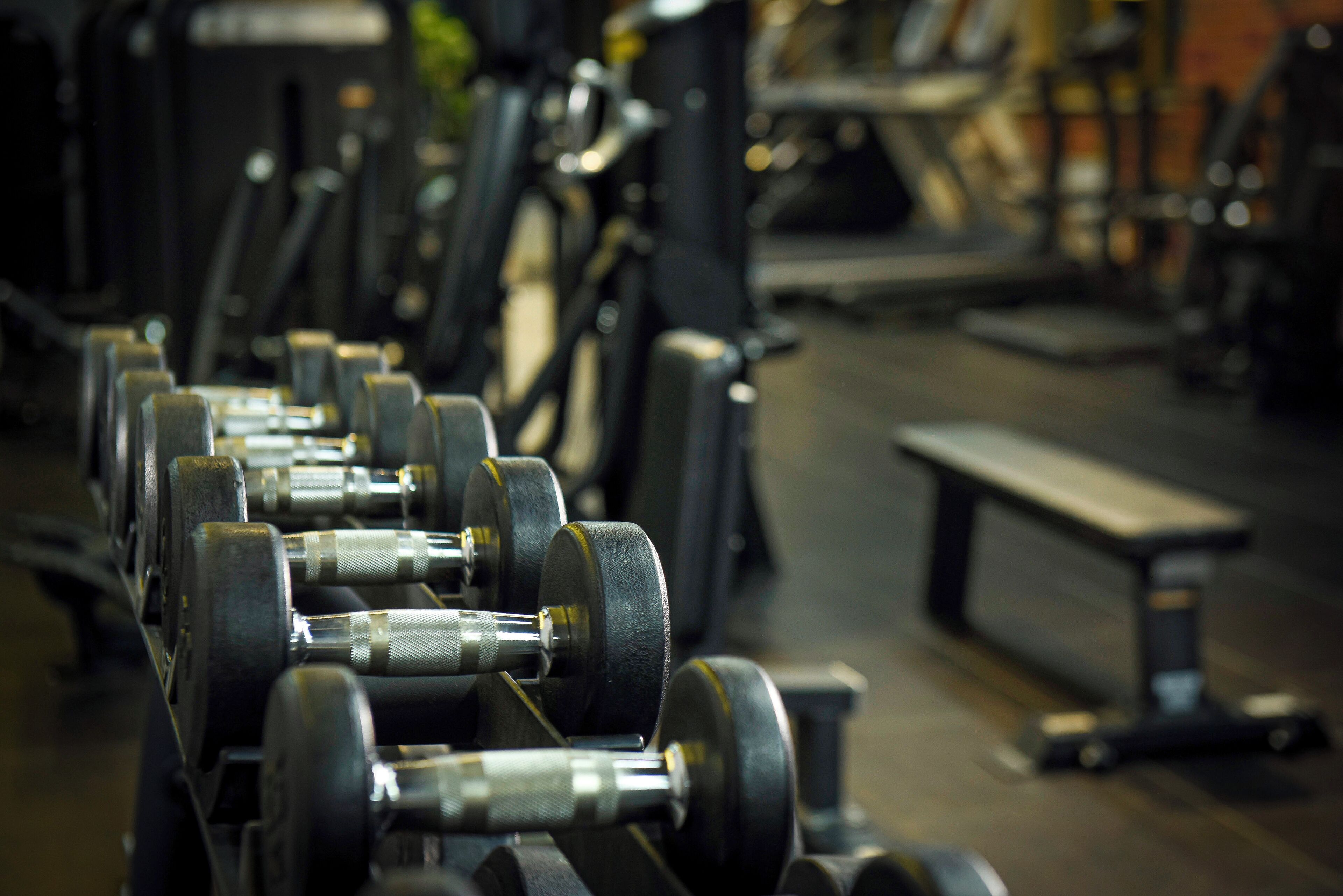 A row of dumbbells in a gym with benches and other fitness equipment in the background.