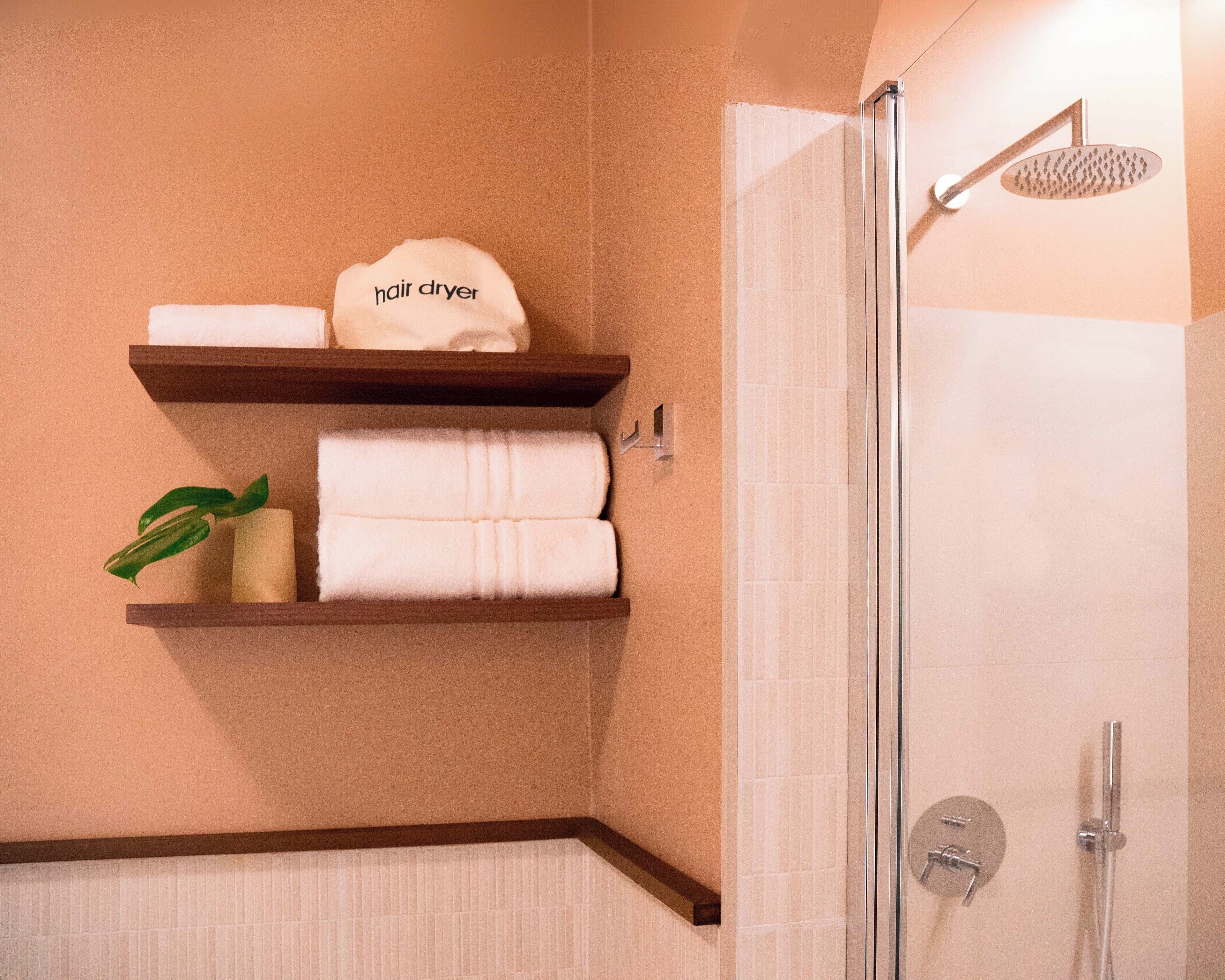 Een badkamer met een douche met glazen wand, een handdoekrek met een haardroger en een potplant.