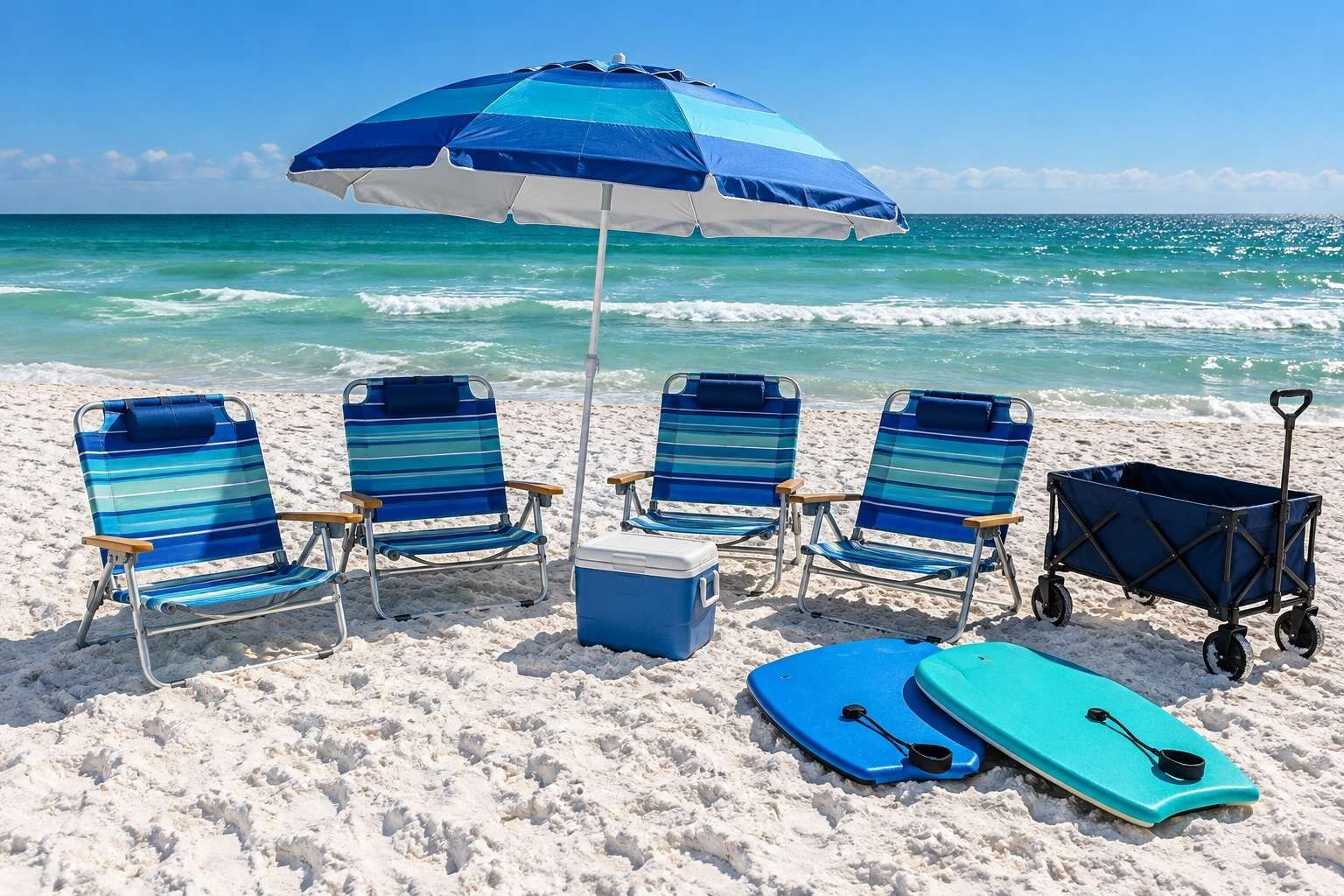 A beach scene with four striped beach chairs, a cooler, a blue paddleboard, and a beach cart.