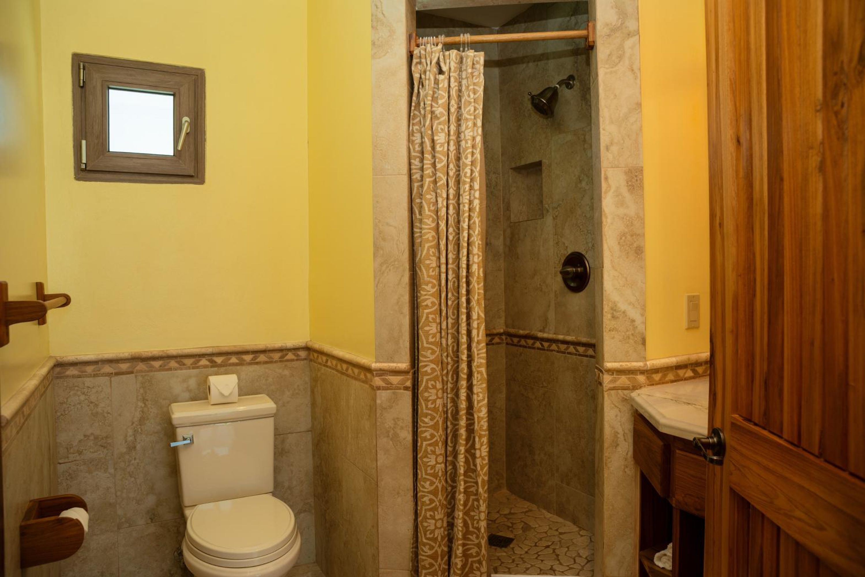 Un baño con inodoro, ducha y puerta de madera.