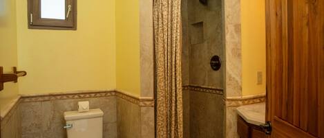 Un baño con inodoro, ducha y puerta de madera.