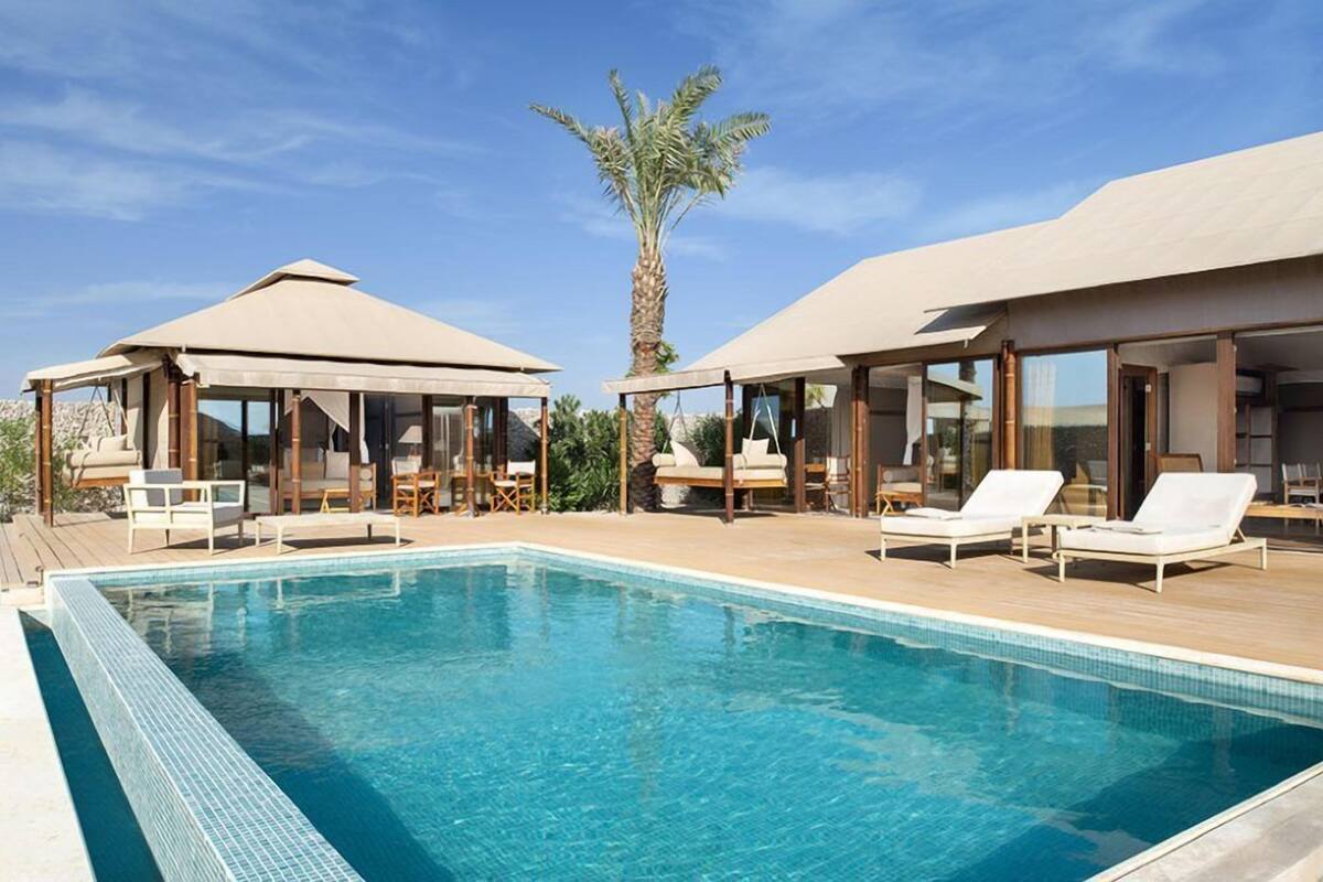 Zona de piscina con sillones de descanso y una palmera.
