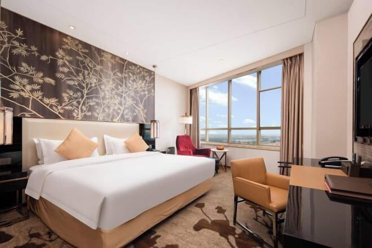 A hotel room with a large bed, a desk, a chair, a TV, and a window with a view.
