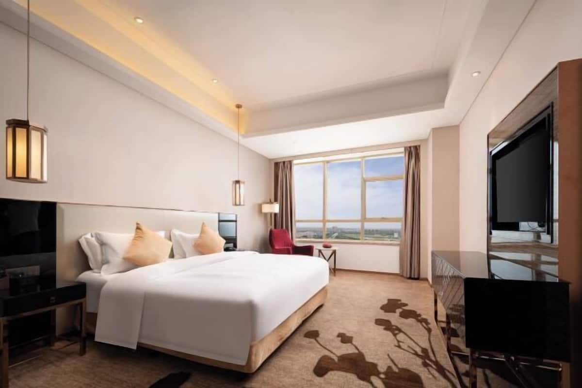 A hotel room with a large bed, a TV, a desk, and a view of the city.