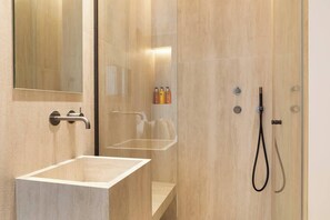 Douche, séchoir à cheveux, shampooing