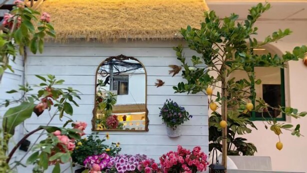 A white building with a thatched roof, a mirror, and potted plants. - Jiandan'ai Hostel Shenzhen No. 1 (Shenzhen)