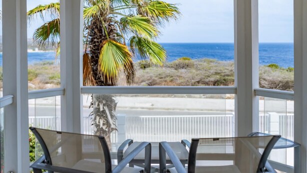 A glass-enclosed balcony with a view of the ocean and a palm tree. - Artiko Luxury Suites - Jan Thiel (Jan Thiel)
