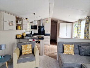 A compact living space with a kitchenette, two sofas with patterned cushions, and a window with curtains. - Tranquil Lodge Retreat in Beattock (Moffat)
