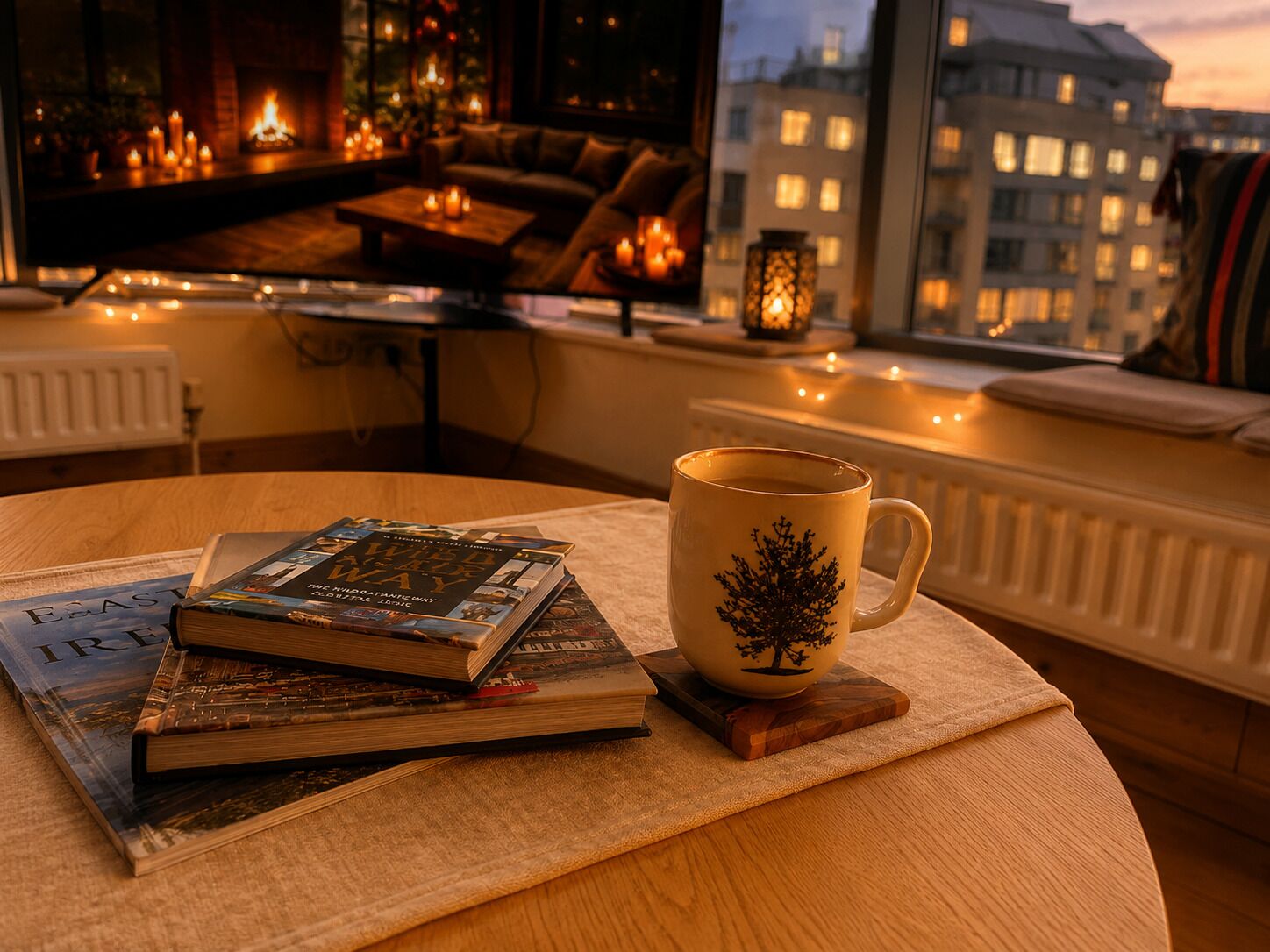 Eine gemütliche Leseecke mit einer Kaffeetasse, Büchern und Blick auf die Stadt im Abenddämmerung.