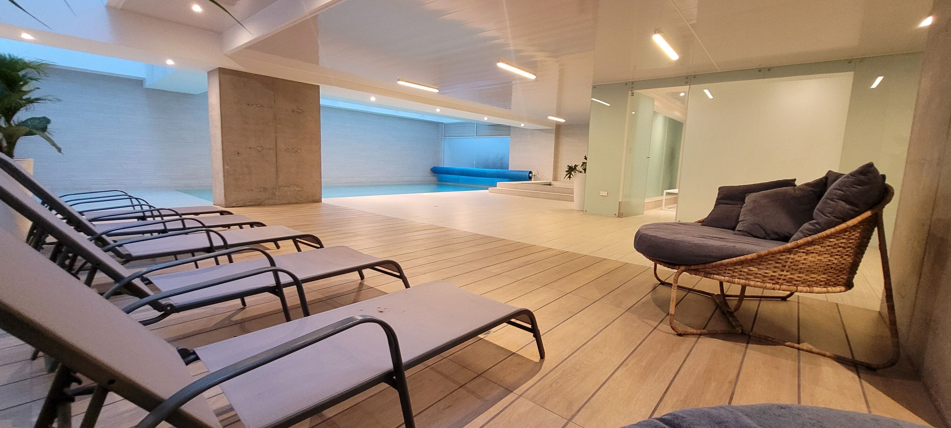 Indoor pool, open 8:00 AM to 10:00 PM, sun loungers