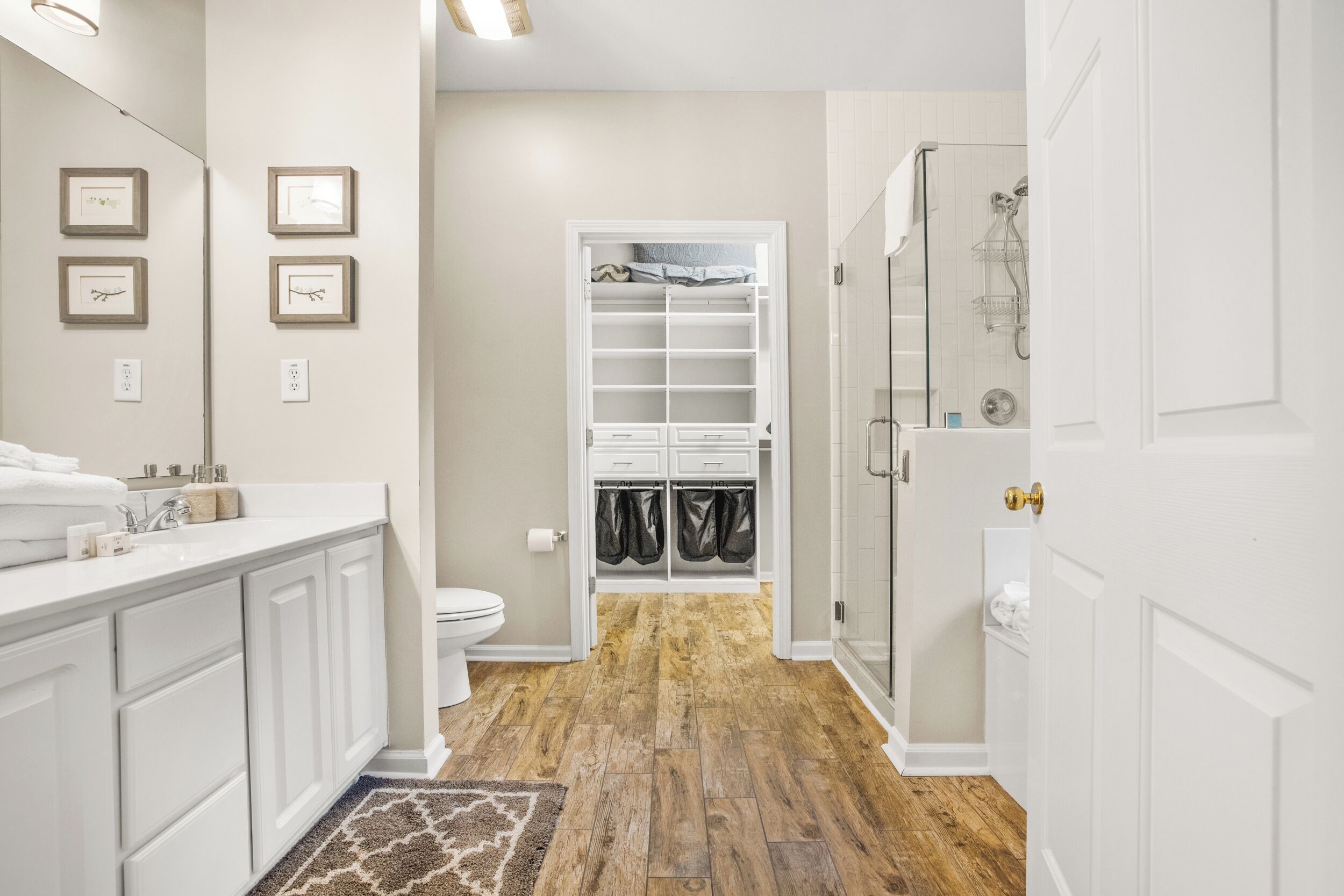A bathroom with a white vanity, a toilet, a shower, and a walk-in closet with shelves.